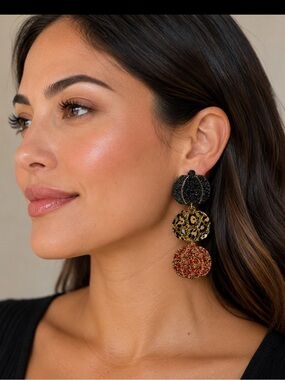 Plunder Black, Leopard, and Red Glitter Pumpkin Drop Earrings